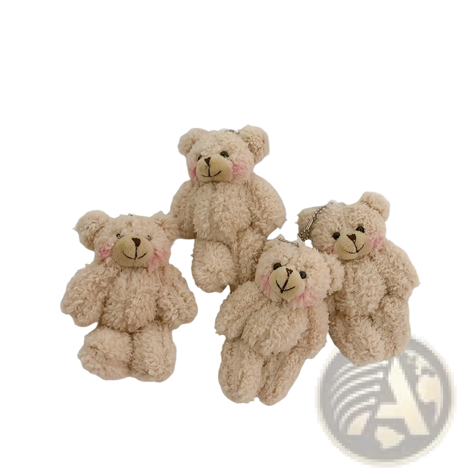 Cute beige plush teddy bear keychains with pink cheeks and embroidered facial features as mini doll pendants