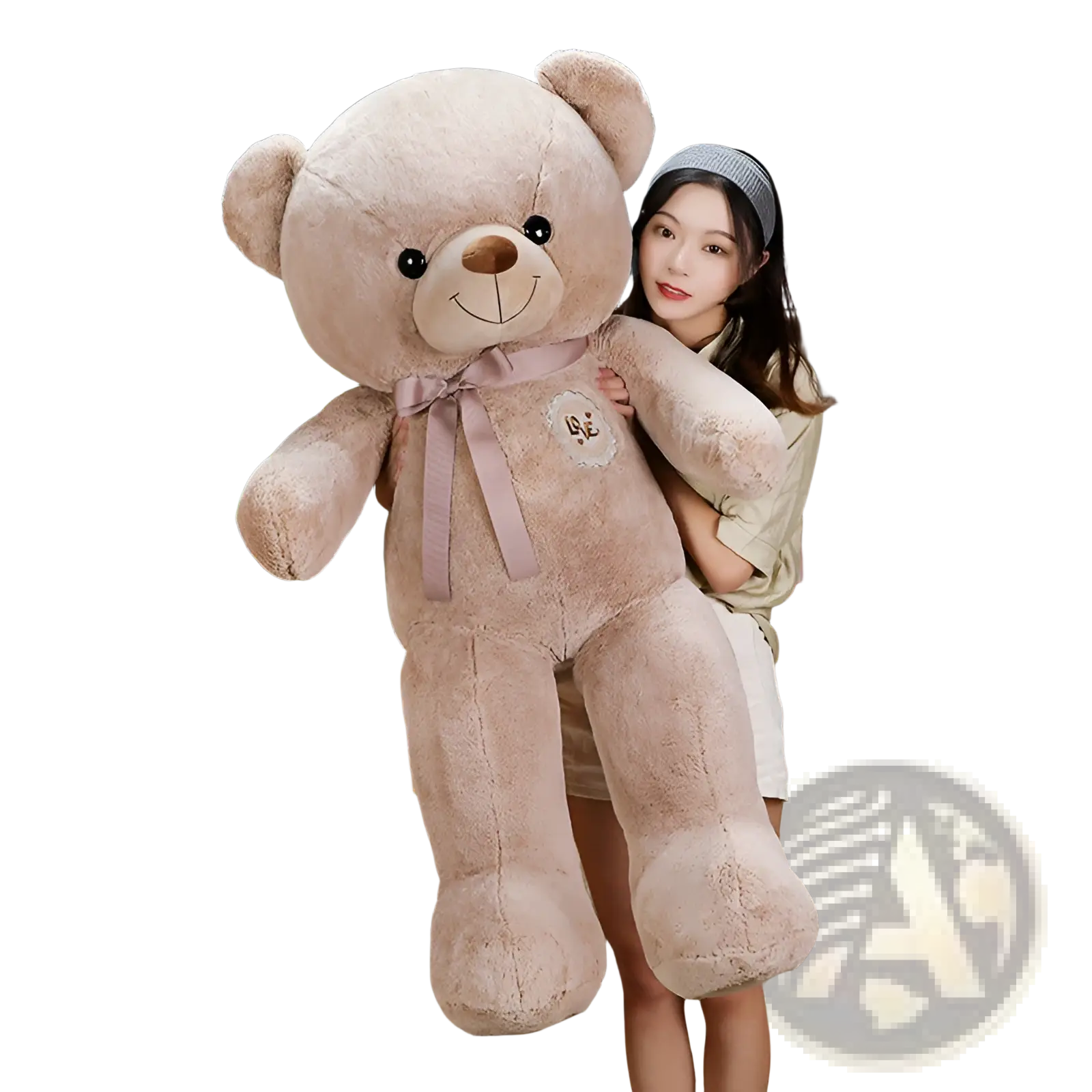A plush beige teddy bear with soft fur and embroidered features featuring a love ribbon for kids and girls