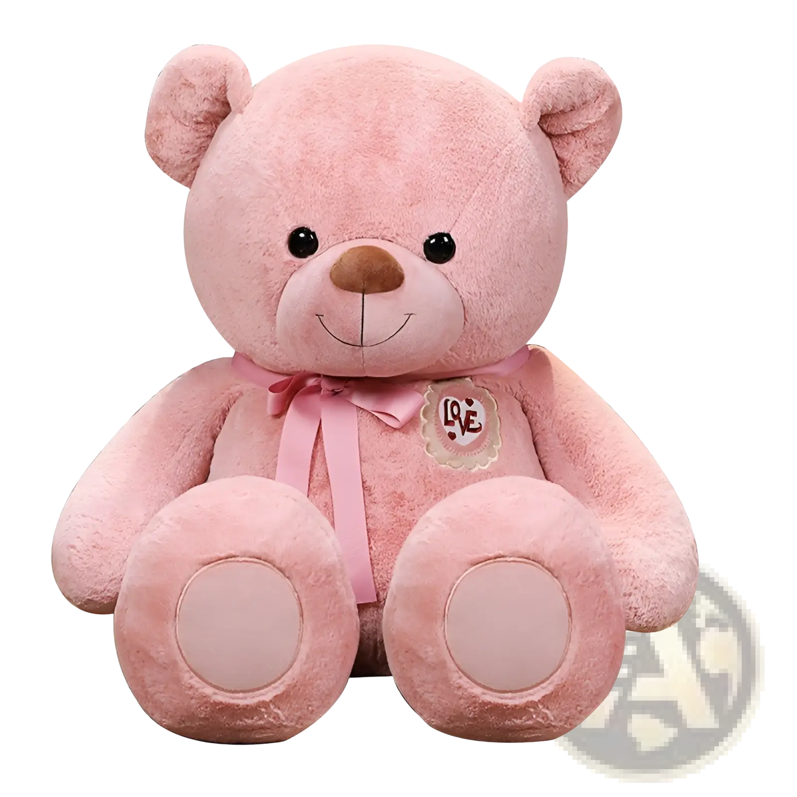 Plush teddy bear with love ribbon in pink featuring black button eyes brown nose and stitched smile for kids and girls