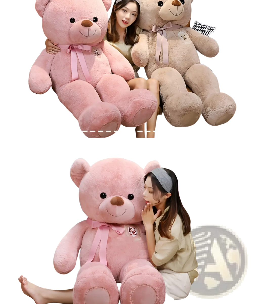 Pink plush teddy bear with love embroidered on chest and matching ribbon bow for kids and girls
