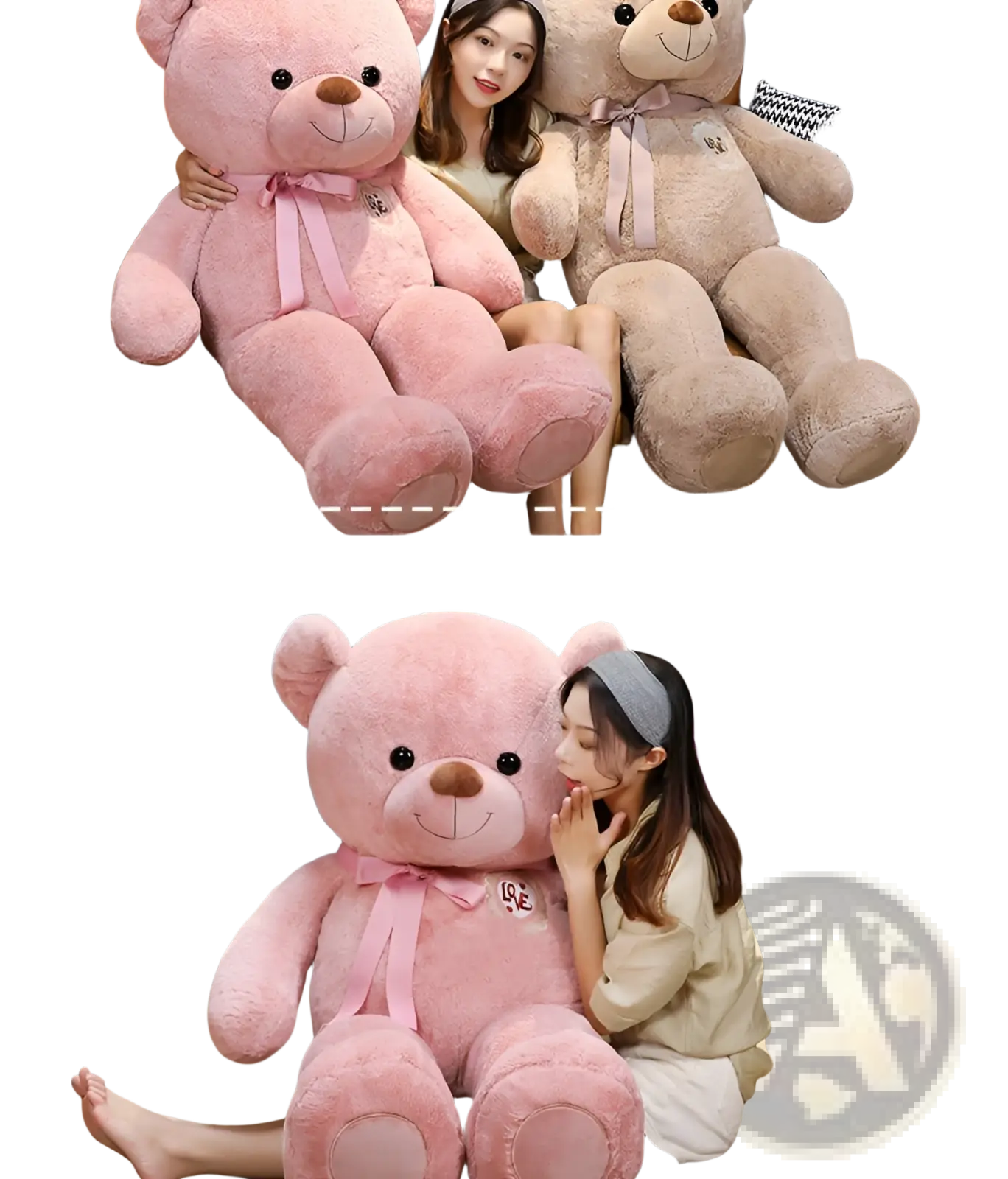 Pink plush teddy bear with love embroidered on chest and matching ribbon bow for kids and girls