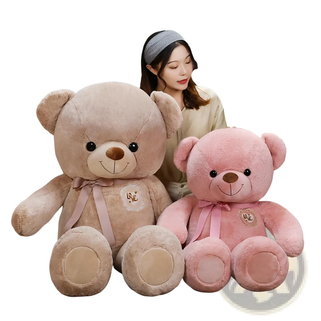 Soft plush teddy bears in beige and pink with embroidered love patches and matching satin bows for kids and girls
