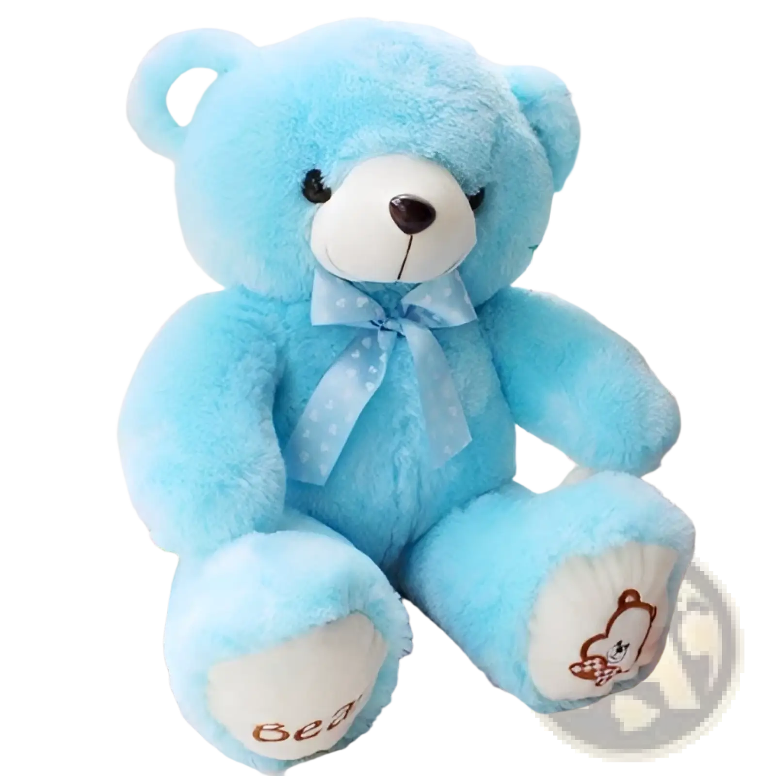 A soft light blue plush teddy bear with a white snout black button eyes and a matching sheer bow tie
