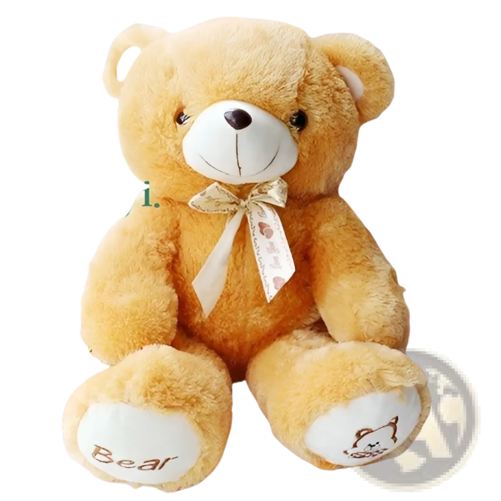 A plush golden-brown teddy bear with white snout and gold ribbon bow soft animal doll with bow tie