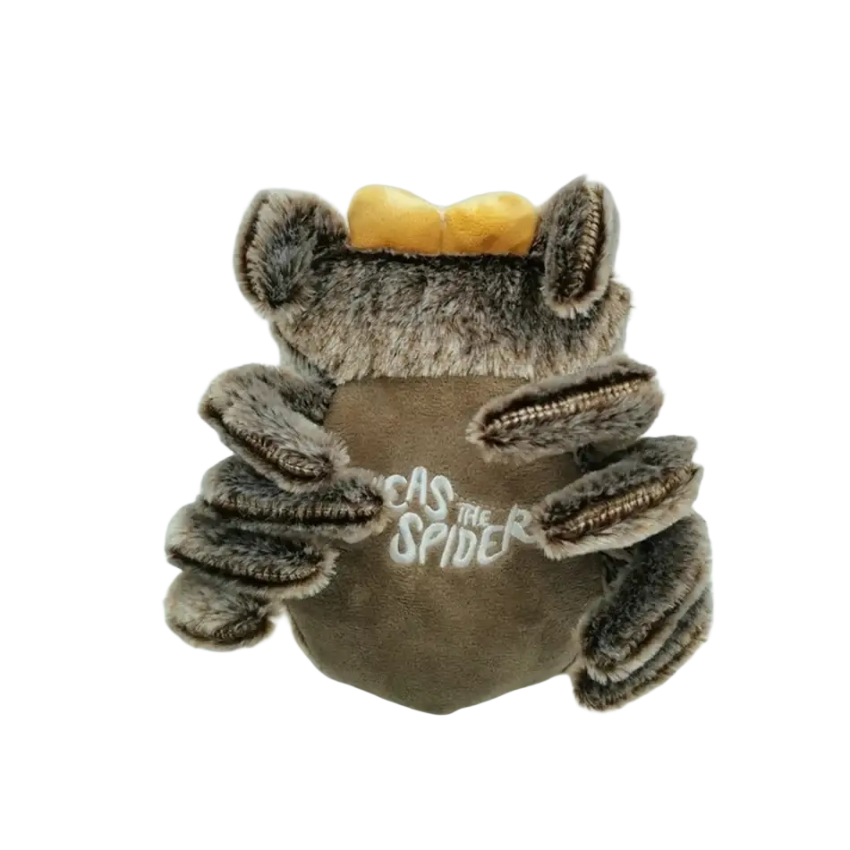 Plush toy cartoon spider stuffed animal doll with gray fuzzy fur yellow bow and embroidered text made in mainland china