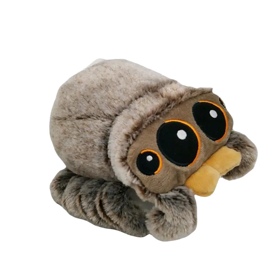 Plush toy cartoon spider stuffed animal doll with soft gray fur large black eyes outlined in orange and yellow mouth made in mainland china