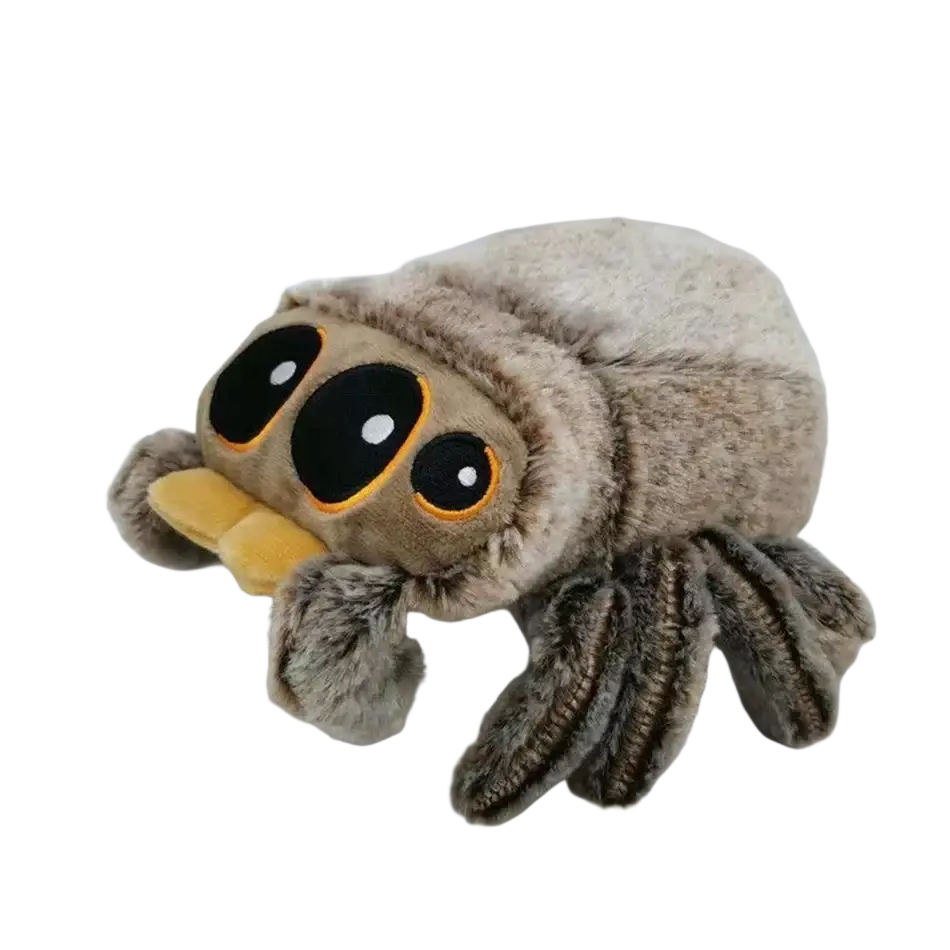 Fuzzy beige plush toy cartoon design of lucas the spider with oversized black eyes and yellow mouth made in mainland China