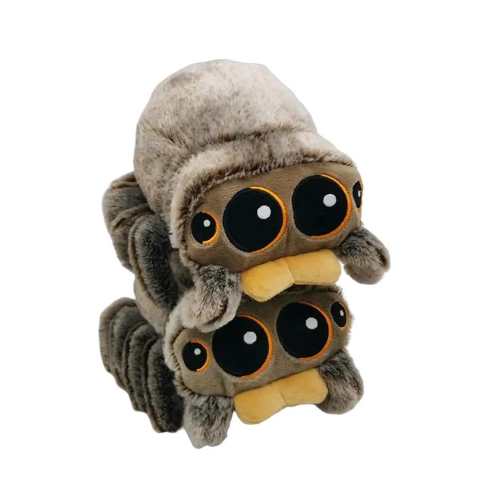 Plush toy cartoon spider stuffed animal doll with fuzzy brown plush, oversized black eyes outlined in orange, made in mainland china