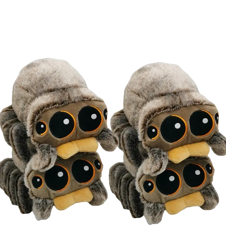 Plush toy cartoon design spider stuffed animal doll with fuzzy brown and gray bodies and oversized black eyes made in mainland china