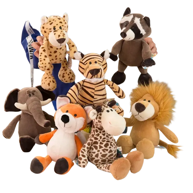 Plush toy safari animal collection featuring leopard tiger raccoon elephant fox giraffe and lion with plush filling and embroidered details