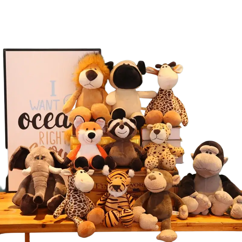 A collection of plush toy safari animals including lions giraffes monkeys and tigers with plush filling and embroidered features
