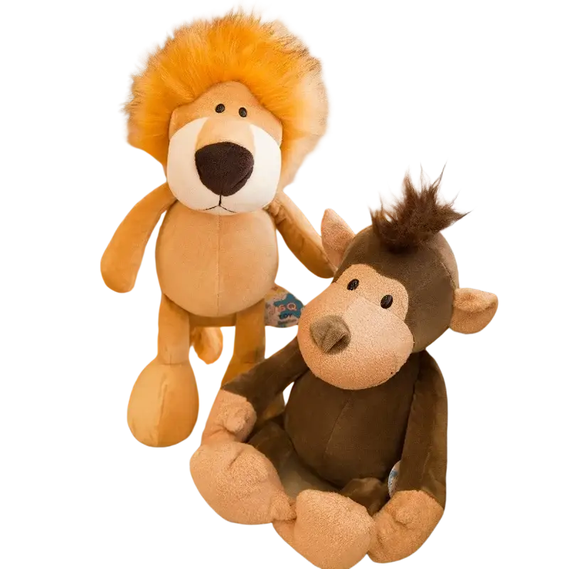 A plush toy safari animal stuffed doll 25cm featuring a plush filling lion with golden mane and tan body beside a brown monkey