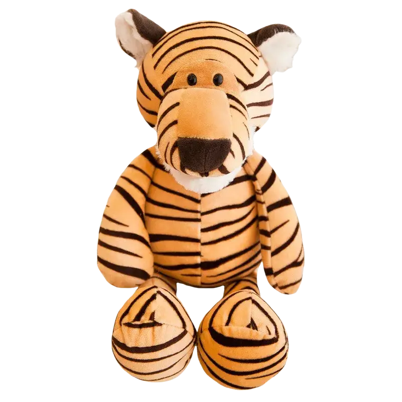 Plush toy safari animal stuffed doll 25cm featuring an orange and black striped tiger with plush filling and white accents