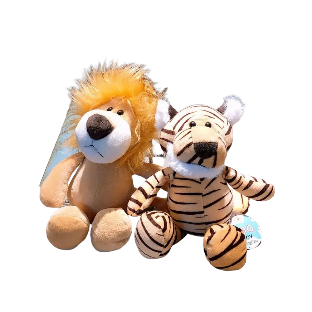 Plush toy safari animal stuffed doll 25cm with soft plush filling features a golden maned lion and black striped tiger