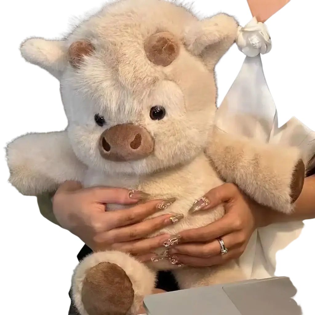 Cream-colored plush toy stuffed animal calf with soft fluffy fur and brown accents on snout ears and feet 17.7 inch