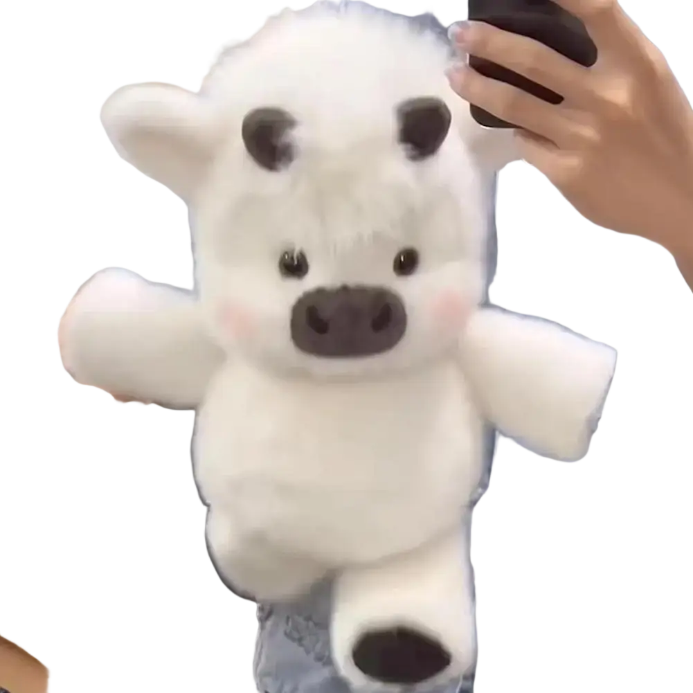 Plush toy stuffed animal cute calf 17.7 inch featuring a fluffy white body with black ears nose and hoof details