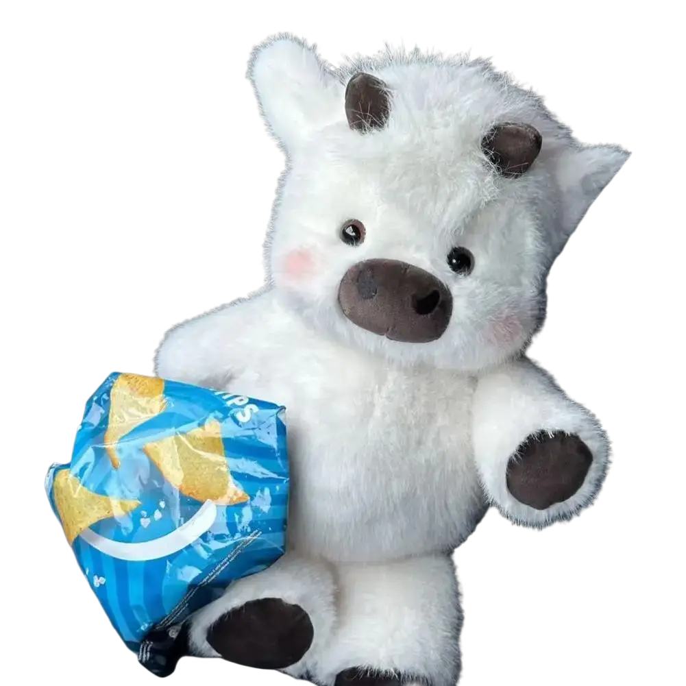 Fluffy white plush toy calf with dark brown ears nose and paw pads stuffed animal 17.7 inch soft toy