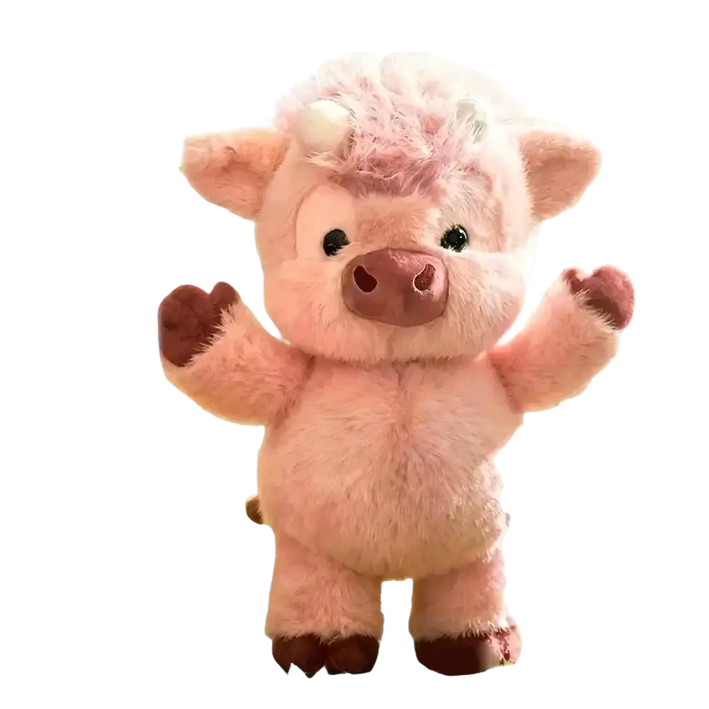 Plush toy stuffed animal cute calf 17.7 inch pink with fluffy white hair and brown hooves standing upright