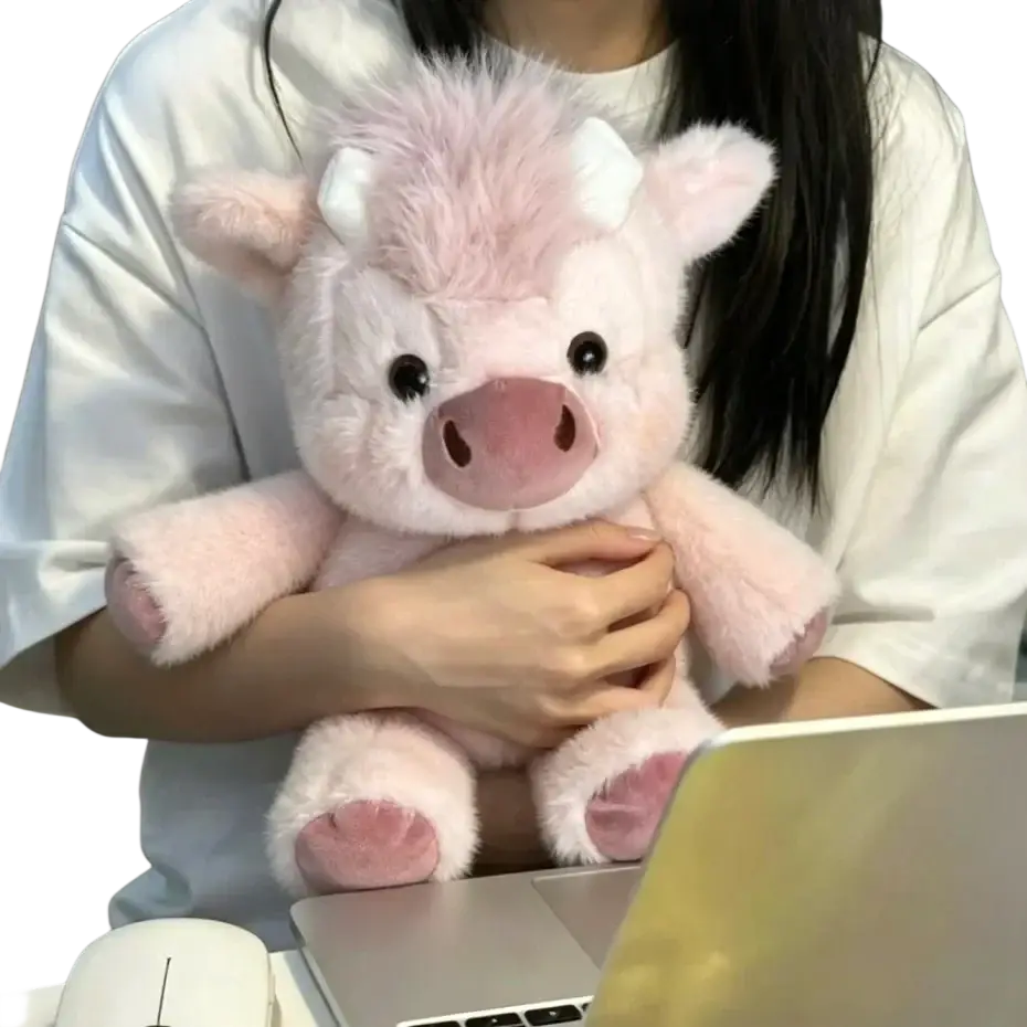 Soft pink plush toy stuffed animal calf with white ears and snout featuring black button eyes 17.7 inch size