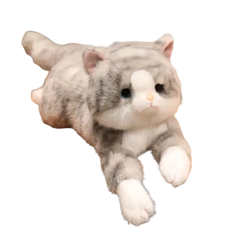 A plush gray and white tabby kitten stuffed animal pillow with soft fur and fluffy paws as a plush toy