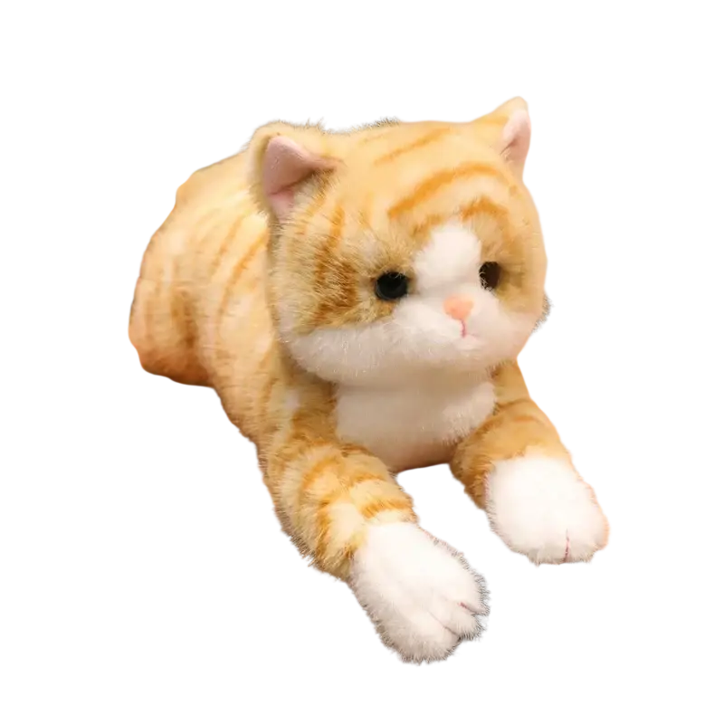 A soft plush toy of an orange and white tabby kitten with black button eyes and detailed paw pads