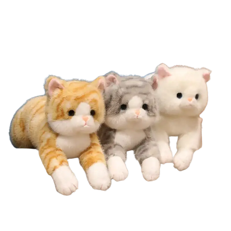 Three plush toys featuring a ginger tabby, grey and white striped, and solid white soft fabric kitten stuffed animals pillow