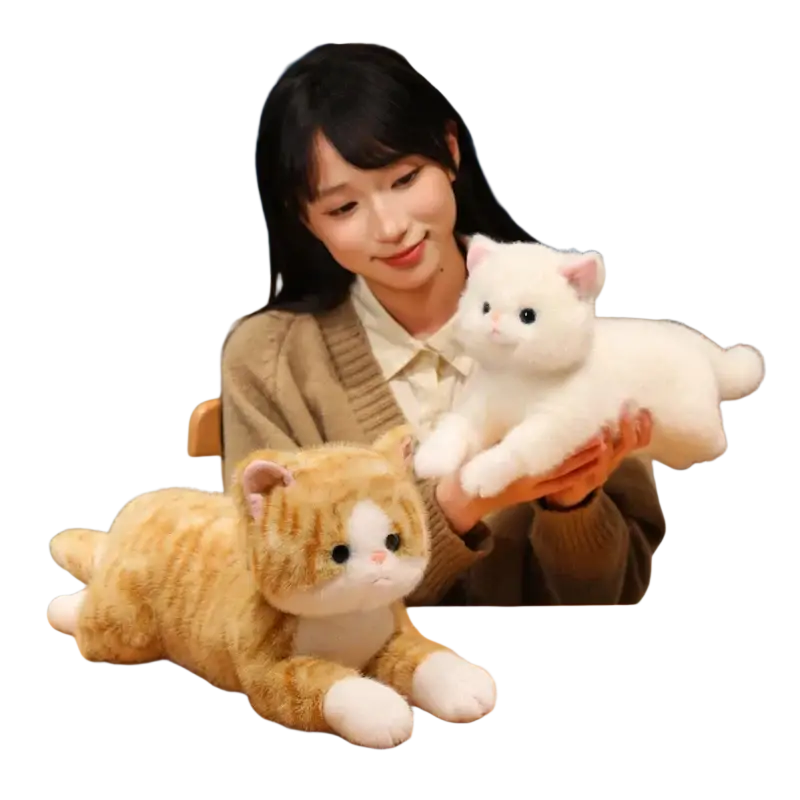 Soft white plush toy kitten with black eyes and pink ears held gently in hands perfect for cuddly plush toys collection