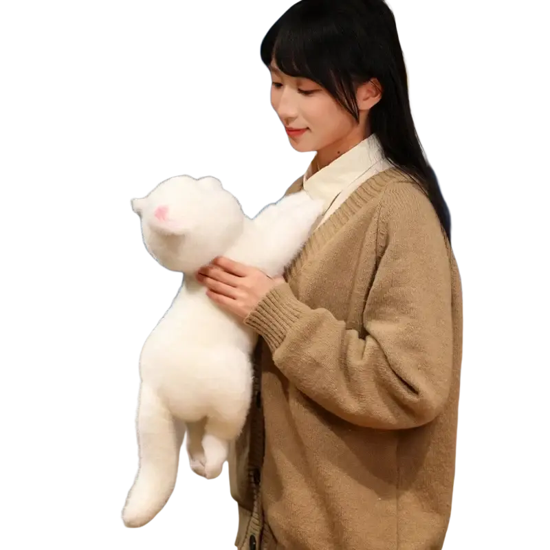 White fluffy plush toy cat made of soft material ideal as a cute kitten stuffed animal pillow