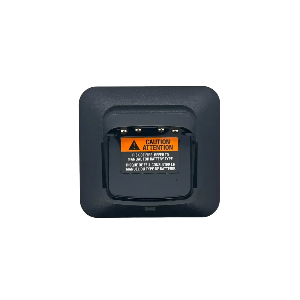 Black rectangular pmpn4527a battery charger with orange warning label for dmr dp2400 motorola radio use