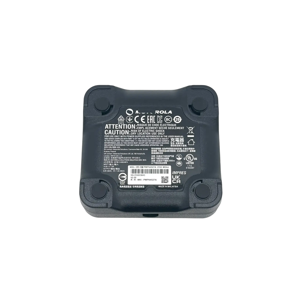 Black motorola pmpn4527a battery pack with rounded corners and four circular indentations for dmr dp2400 charger back side