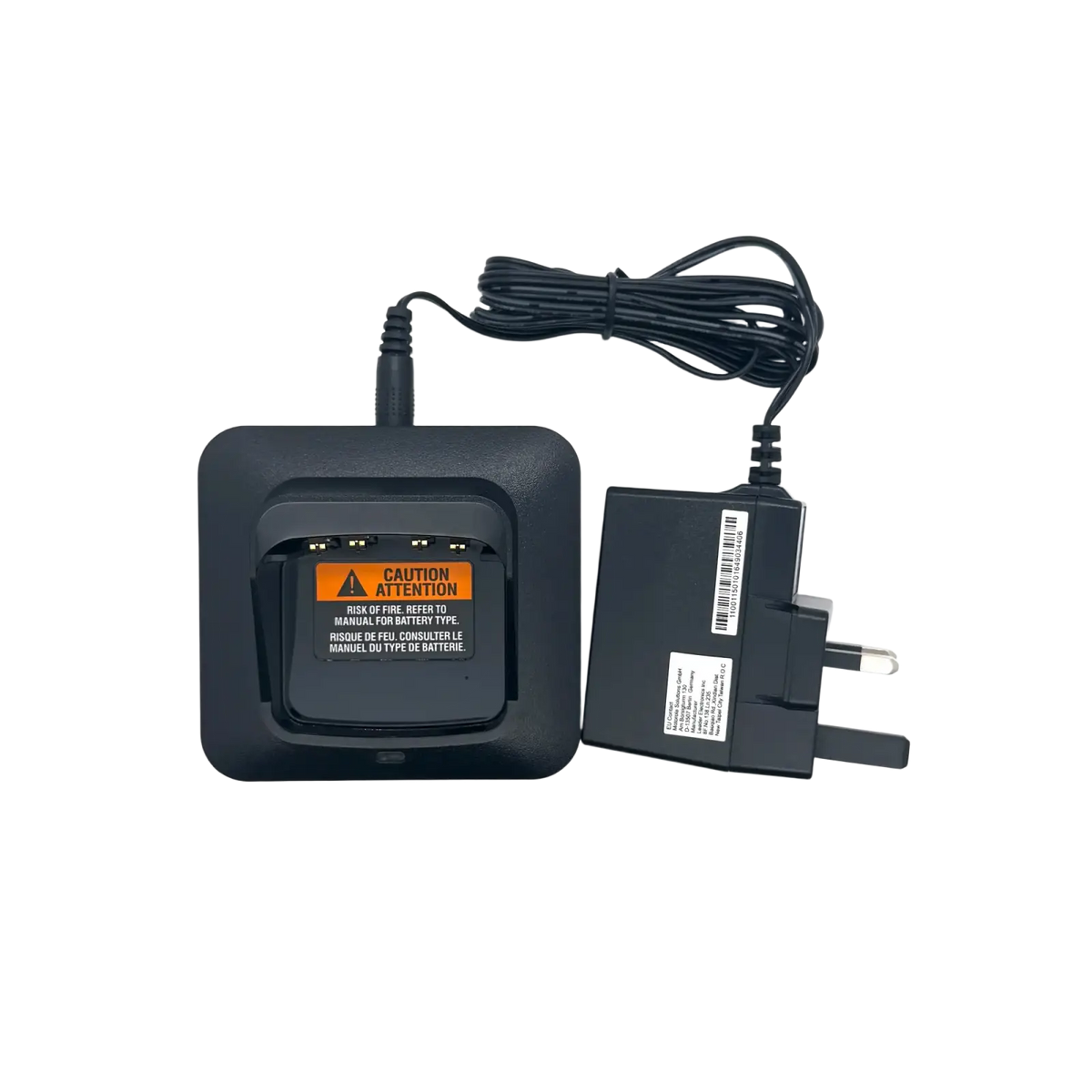 Black plastic pmpn4527a charger dock with power adapter and warning label for battery safety for dmr dp2400 radios