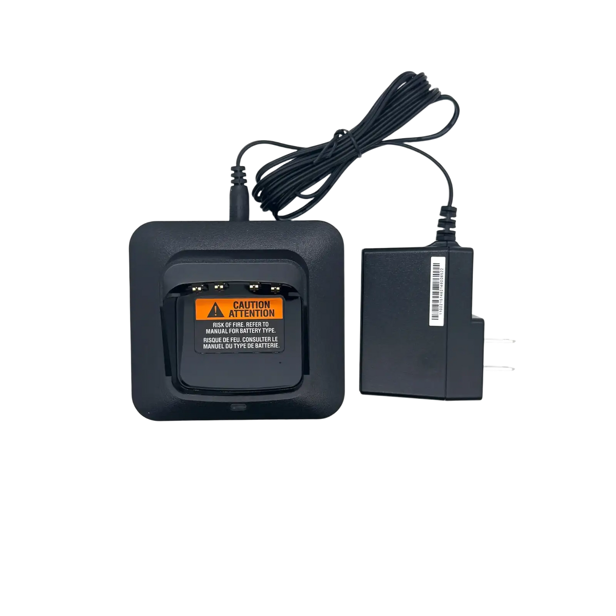 Black plastic pmpn4527a charger with coiled power cord and ac adapter for motorola dmr dp2400 radio