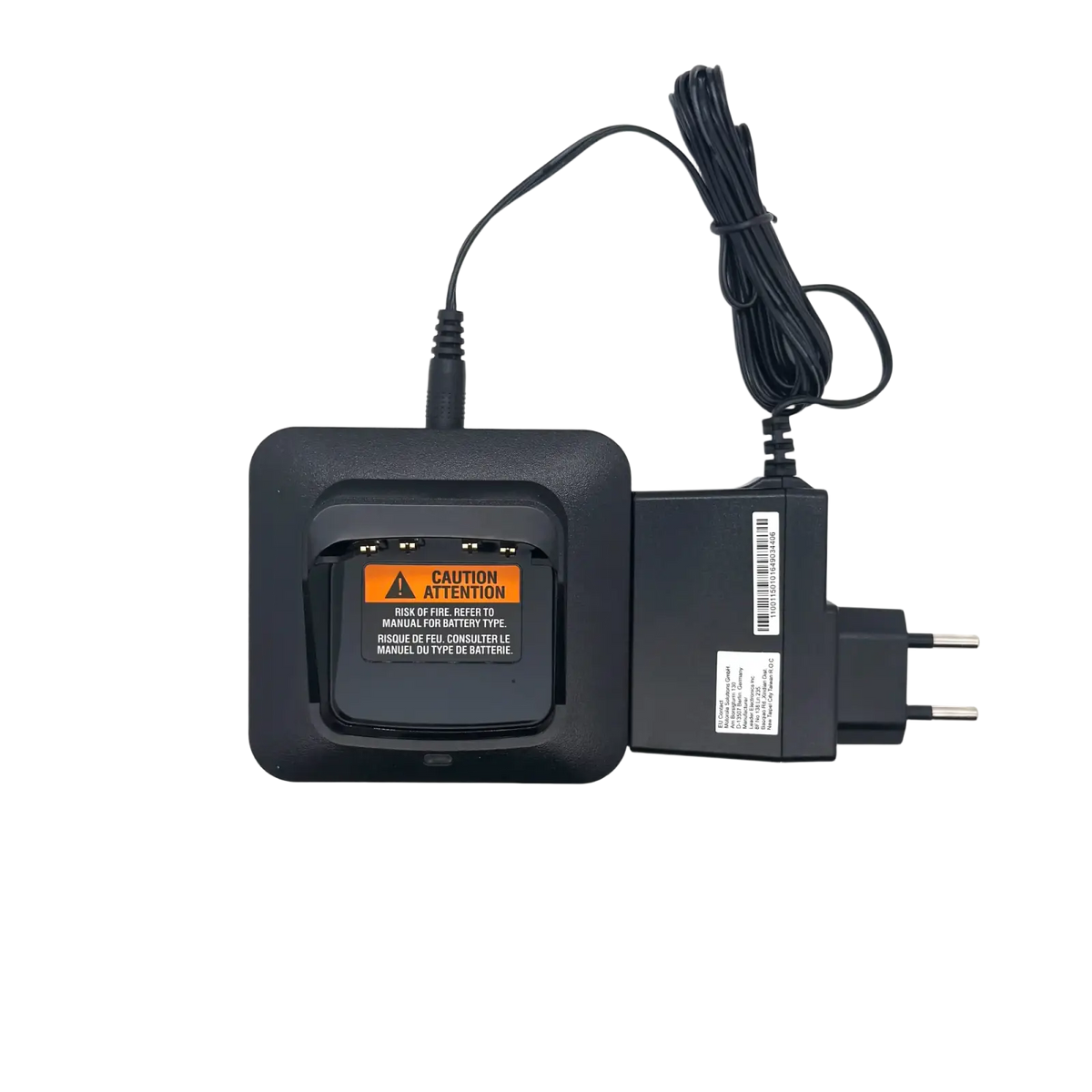 Black plastic pmpn4527a charger with european power adapter and coiled cable for motorola dmr dp2400 radios