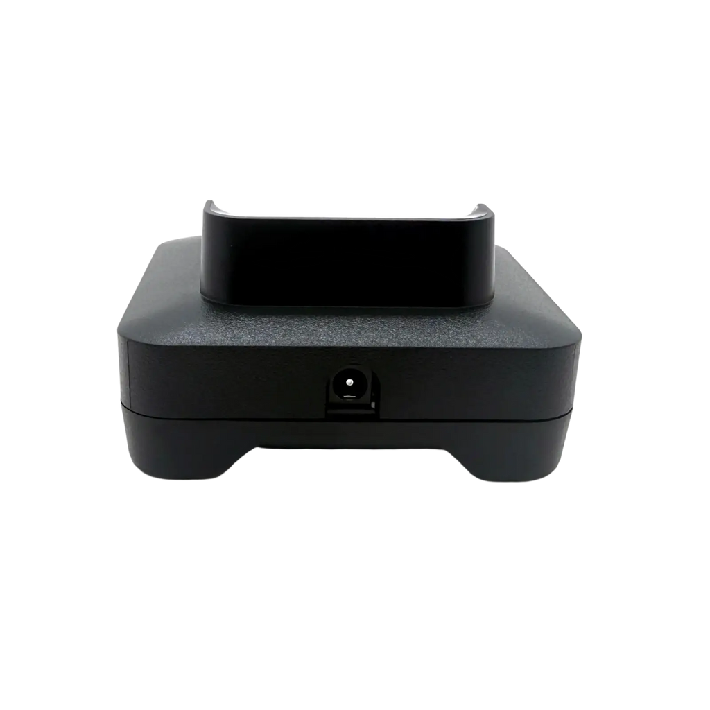Black plastic pmpn4527a charging dock with textured surface and integrated usb port for motorola dmr dp2400
