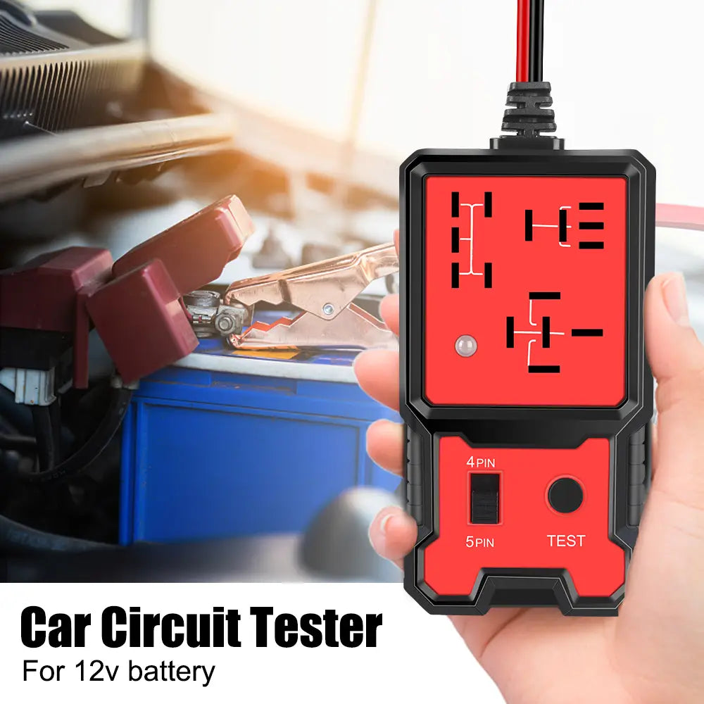 Roter und schwarzer Handheld-Automobil-12-V-Kfz-Relaisprüfer und Batterieprüfer mit digitaler Anzeige für die Prüfung von 12-V-Batterien.