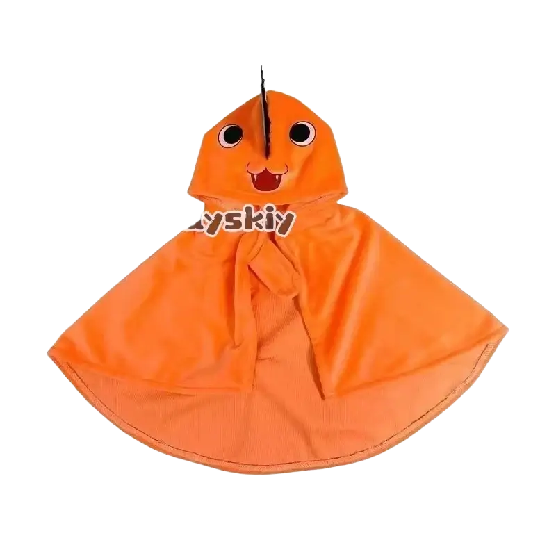 Bright orange hooded cape with cartoon dinosaur face black eyes red mouth and horn for pochita dog and cat cosplay cloak