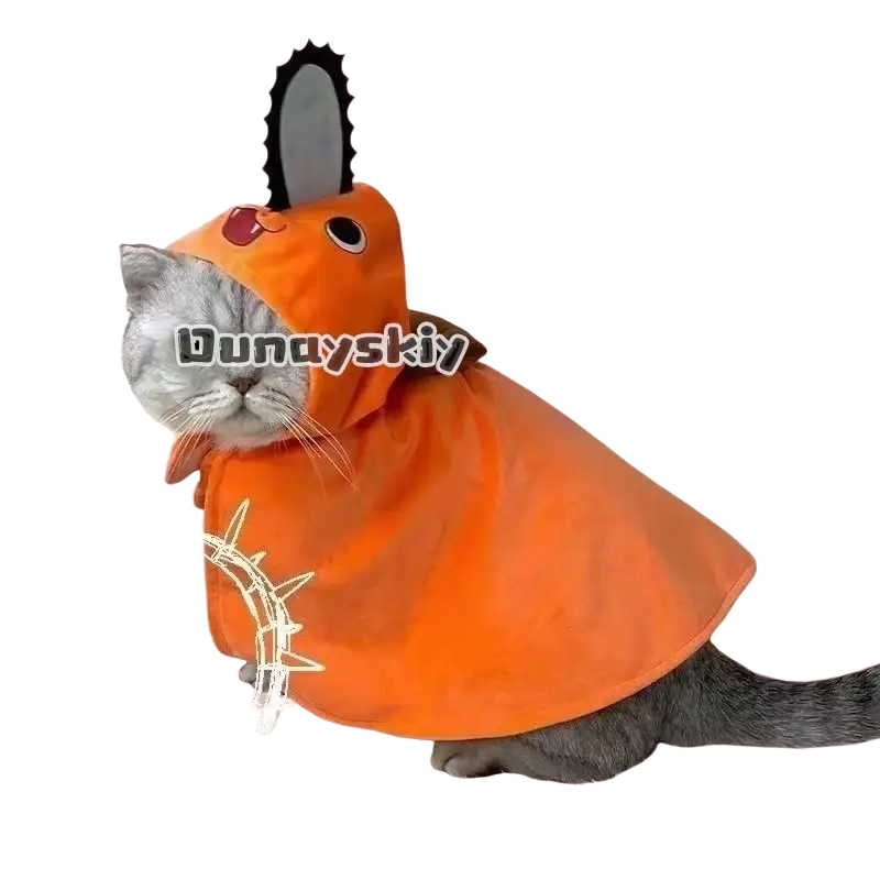 Orange hooded cosplay costume cloak with black chainsaw blade detail inspired by pochita anime for dogs and cats