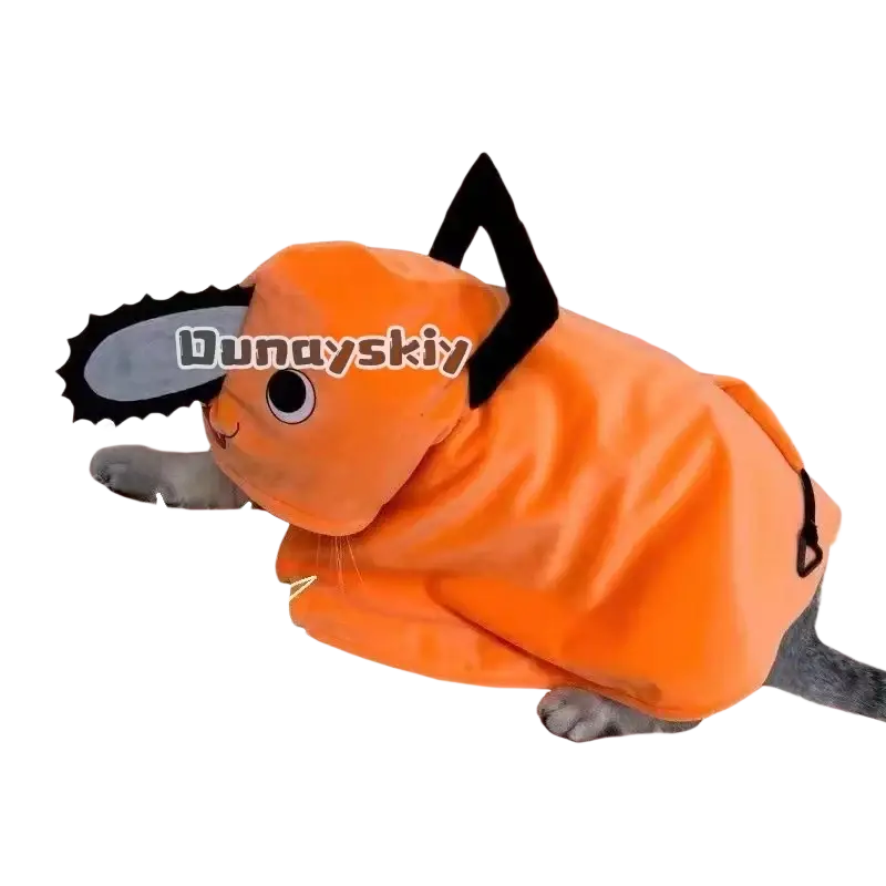 Orange plush cat costume cloak with black chainsaw head and gray paws for pochita dog and cat anime cosplay