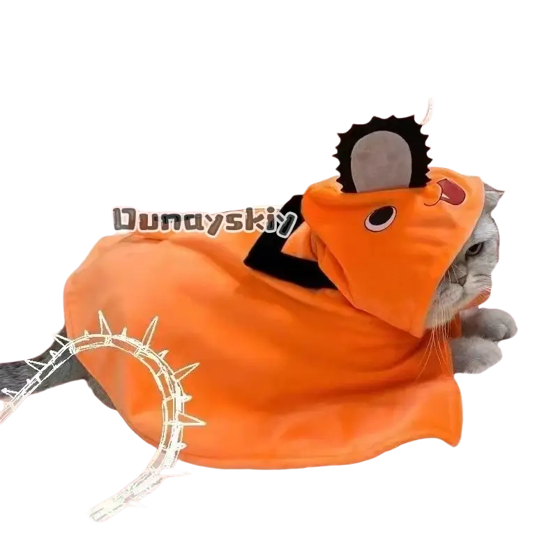Orange plush chainsaw-themed cat costume with black accents and gray blade detail on the hood for anime cosplay