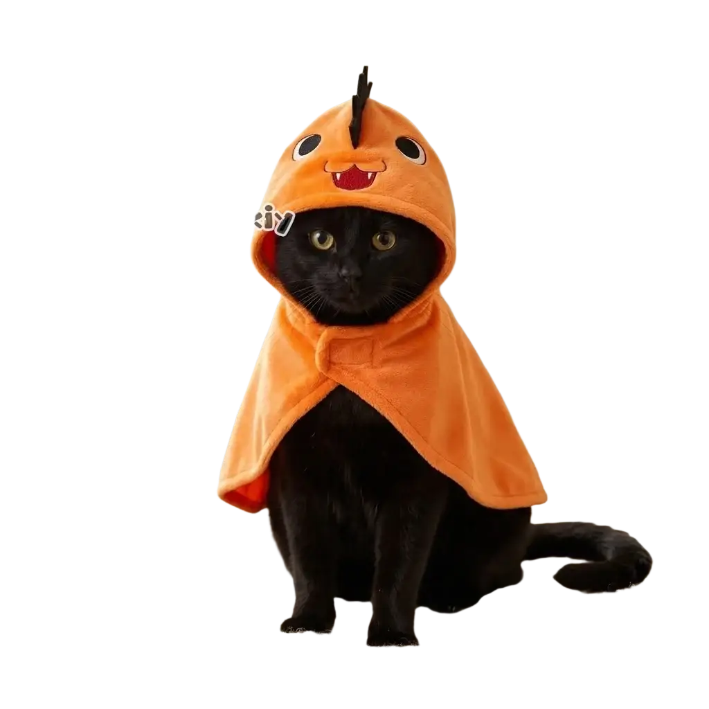 Orange plush dinosaur hooded cape with black spikes and embroidered eyes for pochita dog and cat anime cosplay cloak