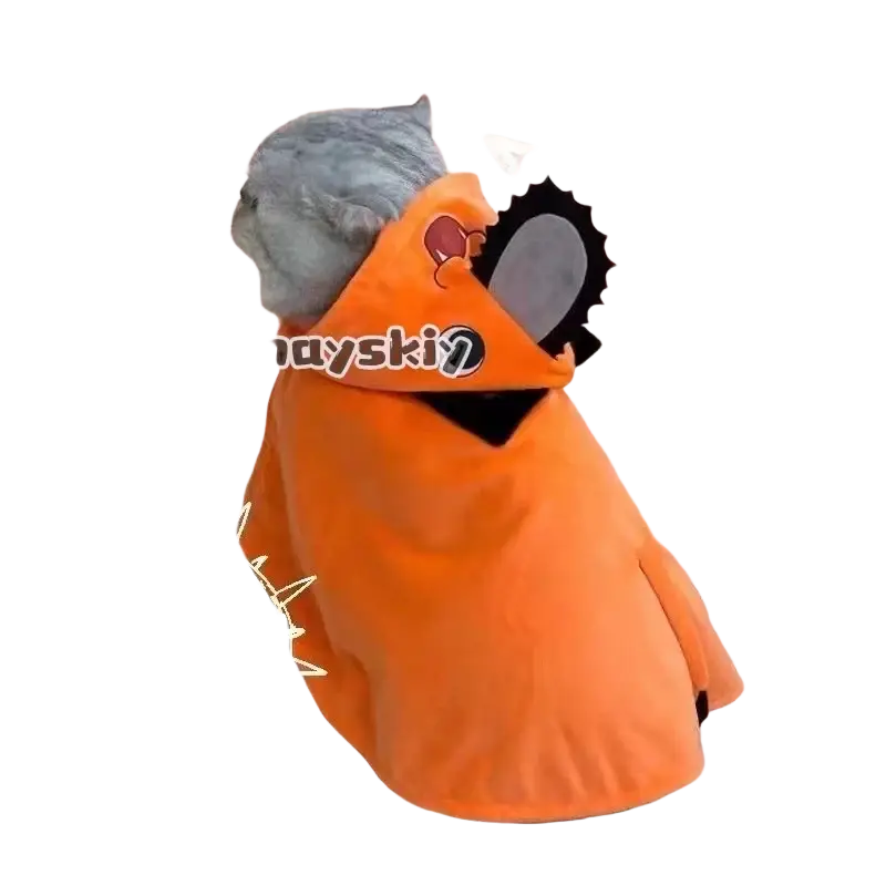 Orange plush hooded cloak with black chainsaw design and red heart emblem for pocheta dog and cat cosplay costume