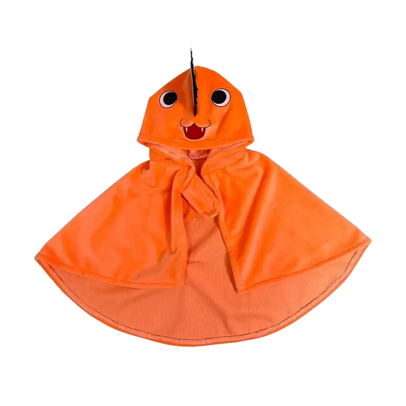 Bright orange plush pochita pet clothes hooded cape with embroidered eyes smiling mouth and black horn for cat dog fashionable use