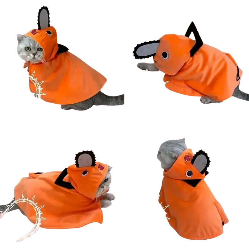 Orange pochita pet clothes cat dog costume with black accents and chainsaw hood for pet clothes fashionable use