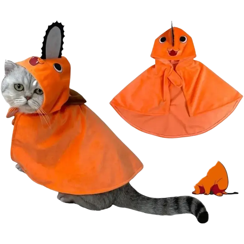 Orange hooded cape with chainsaw design and black plastic blade attachment in pochita pet clothes for cat dog use