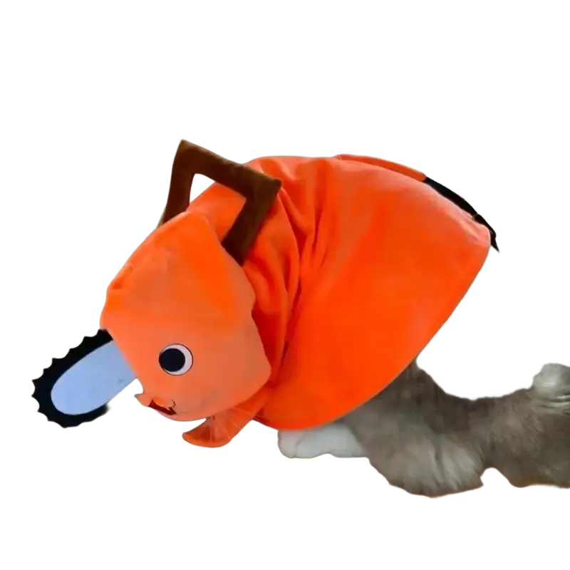Orange plush pochita pet clothes chainsaw costume with brown handle and black saw blade detail for cat dog fashionables