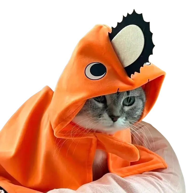 Orange plush hooded pochita pet clothes for cat dog with black and white saw blade design pet clothes fashionable