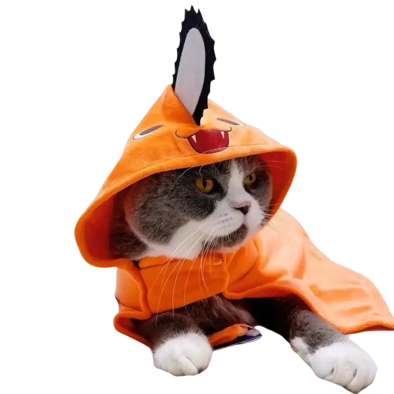 Orange plush hooded pochita pet clothes with black and white spiked crown for cat dog pet clothes fashionable use