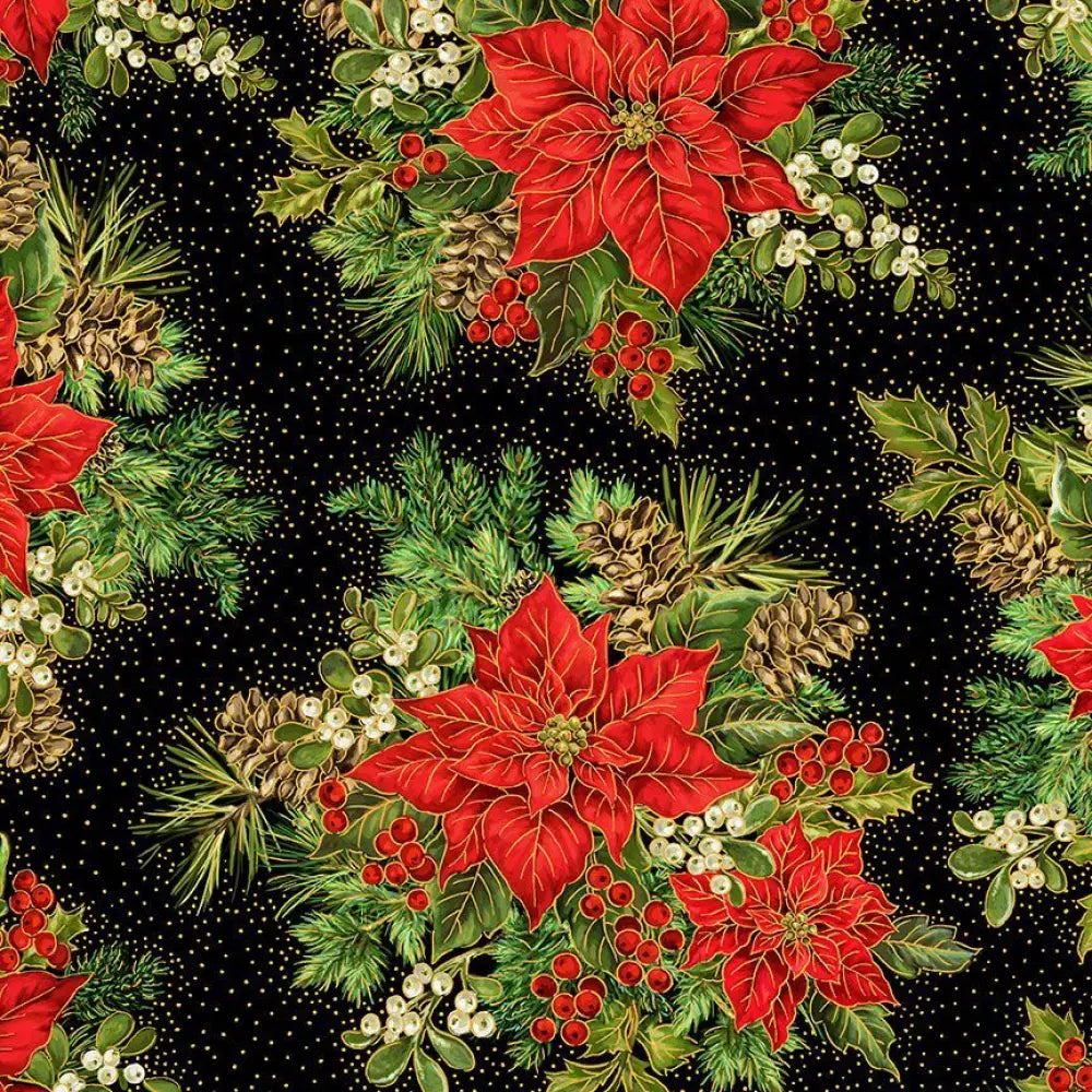 Vibrant red poinsettia floral cotton midi dress with pockets featuring green leaves and pinecones on black background