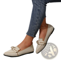 Beige woven pointed flat pumps with bow detail at the toe casual plus size shoes
