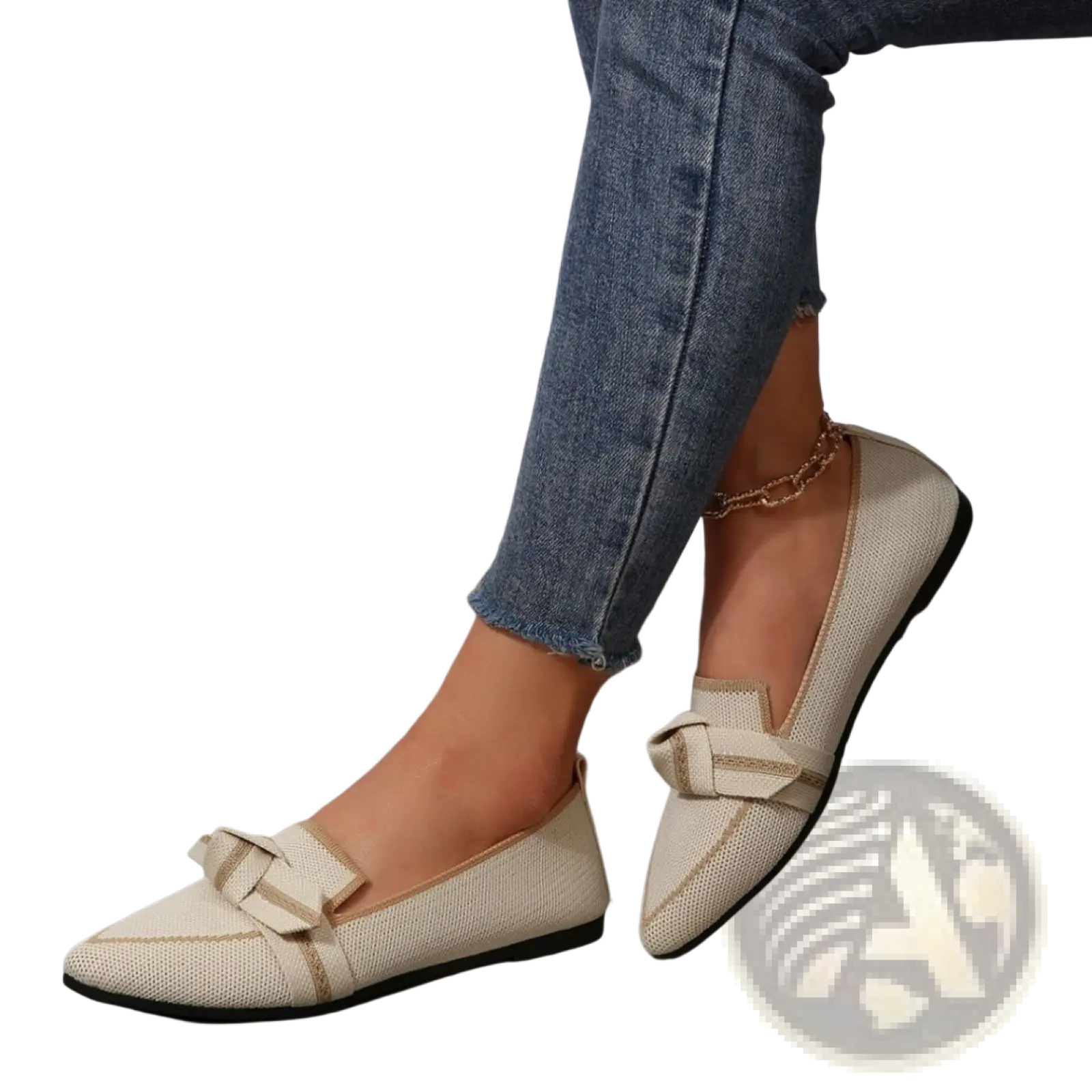 Beige woven pointed flat pumps with bow detail at the toe casual plus size shoes